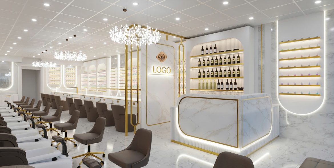 Mẫu thiết kế nội thất tiệm Nail với tone màu trắng đẹp và hiện đại