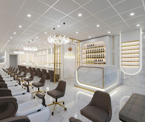 Mẫu thiết kế nội thất tiệm Nail với tone màu trắng đẹp và hiện đại