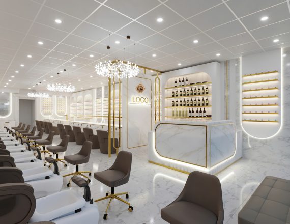 Mẫu thiết kế nội thất tiệm Nail với tone màu trắng đẹp và hiện đại