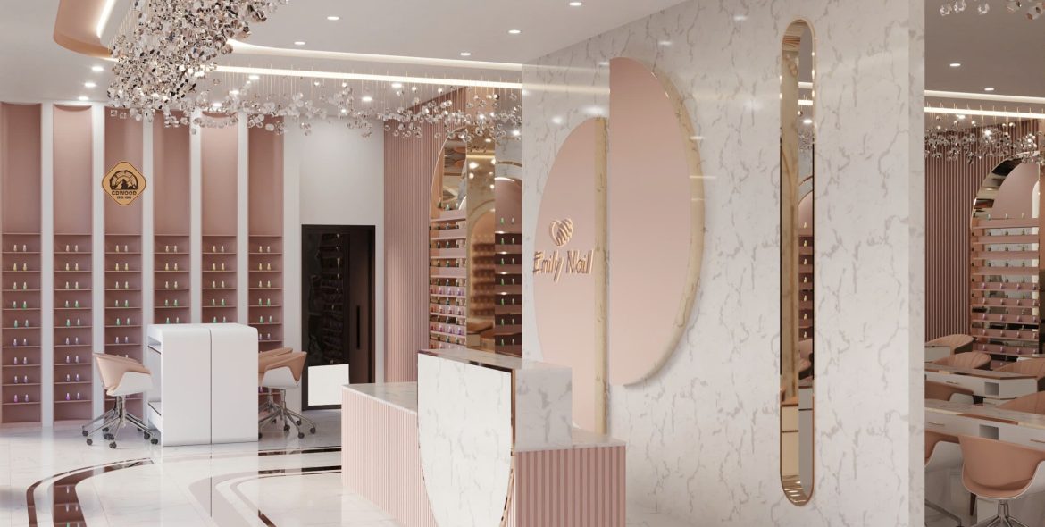 Thiết kế tiệm nail đẹp, ấn tượng với màu hồng làm chủ đạo năm 2024