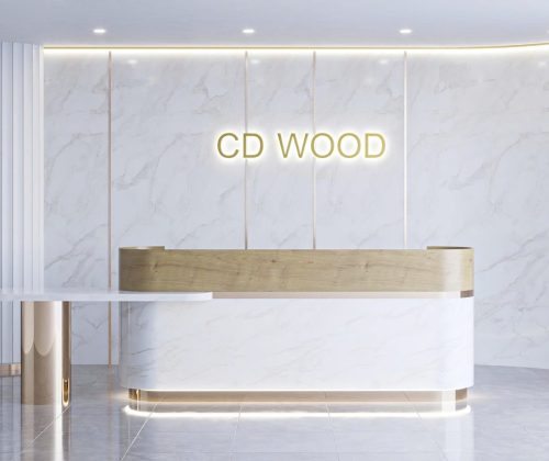 Quầy Lễ Tân Gỗ Plywood Ốp PVC Vân Đá